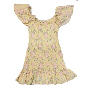 MABLE Yellow Pink Blue Ditsy Floral Print Smocked Ruffle Off-The-Shoulder M